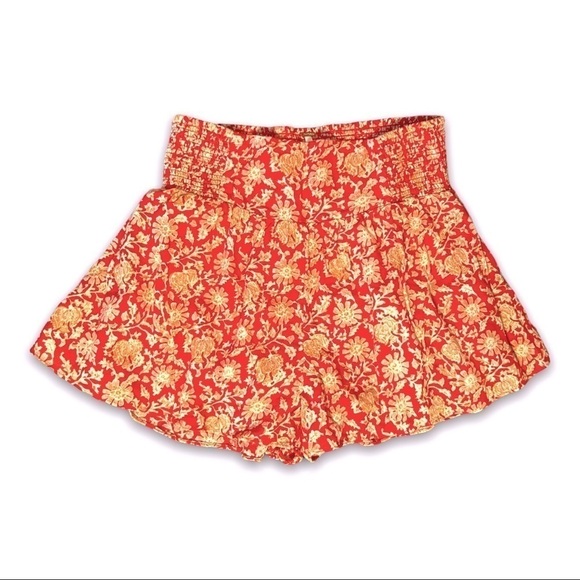 NWT FREE PEOPLE Red Retro Floral Smocked High Waist Billowy Cotton Shorts Sz XS - Picture 7 of 10